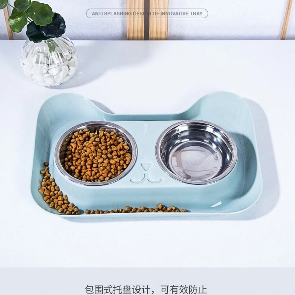 Double pet bowl water dish feeding station - blue